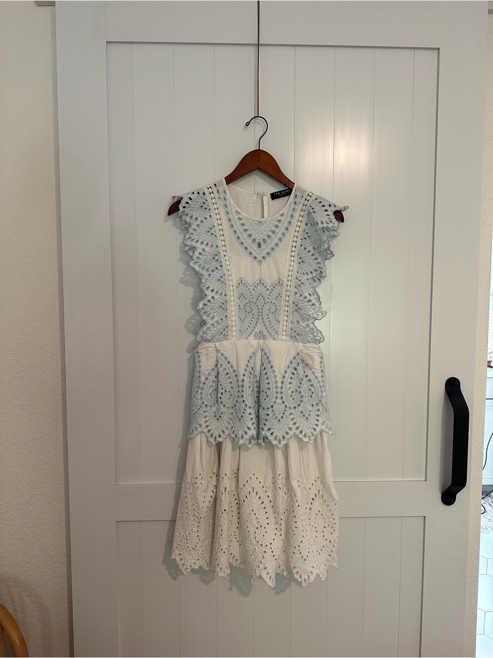 Women's White and Light Blue Eyelet Midi Dress